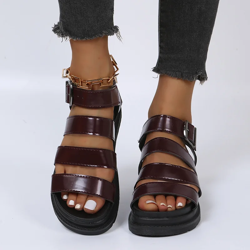 Roman sandals thick-soled Leather Summer 2023 new beach flat muffin platform shoes women's metal buckle black women's sandals