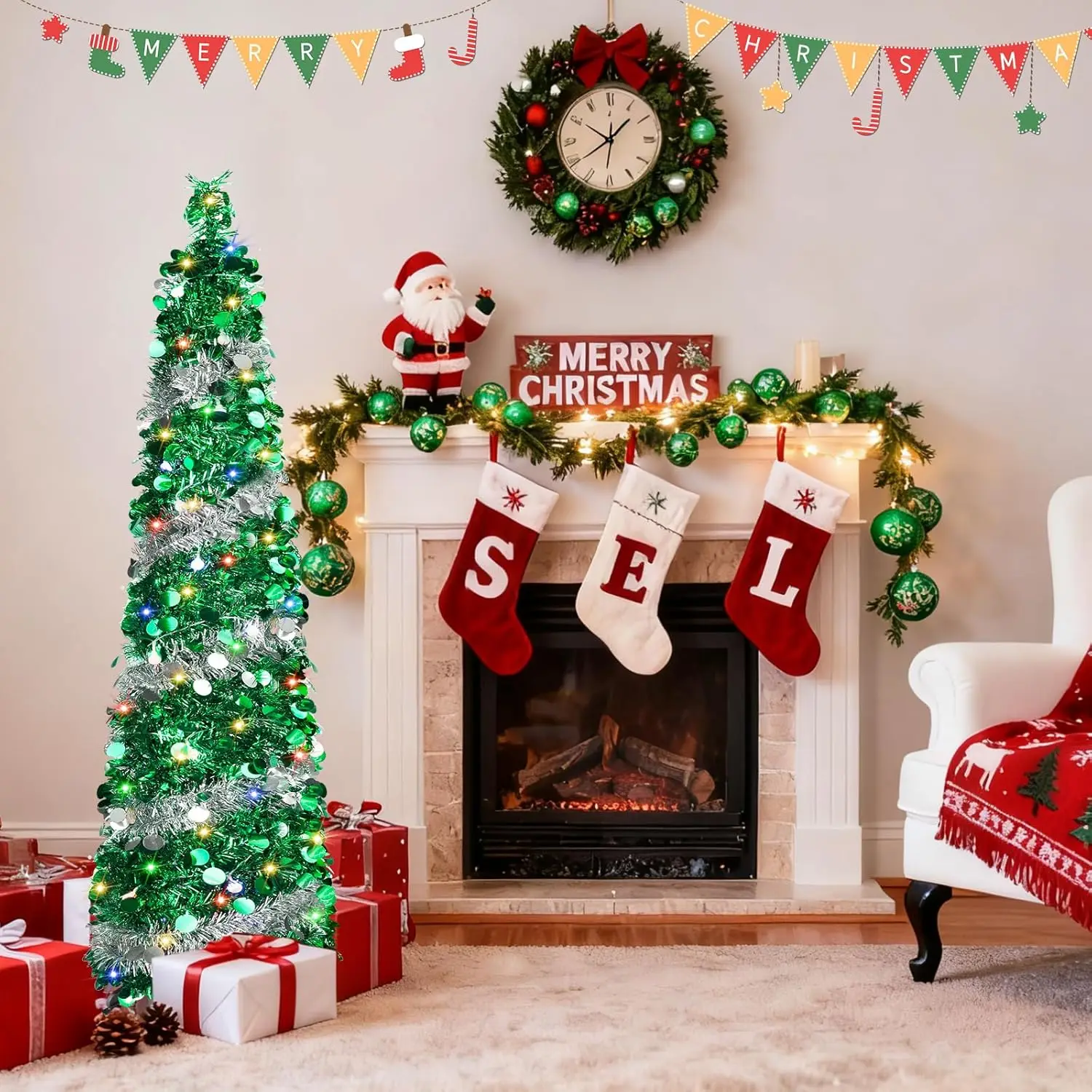 

Выдвижная рождественская елка с мишурой длиной 5 футов с 8 режимами светодиодного освещения, 90 цветов, складной домашний праздничный декор (серебристый/зеленый)