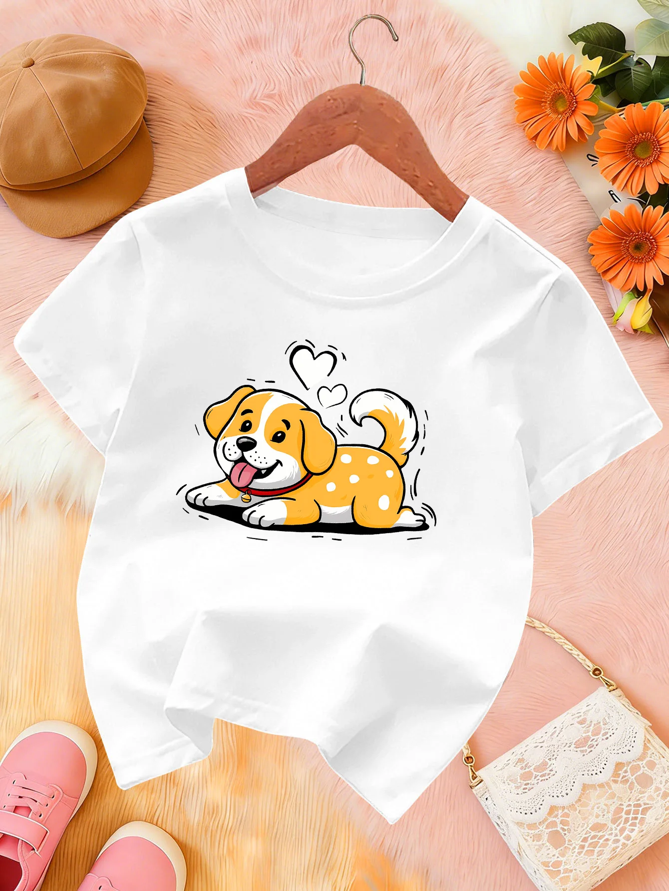 Lovely Puppy Heart Print Kids Tee Boys Girls Family Match Cotton Crew Neck Short Sleeve Soft Summer Daily Wear For Tiny Toddlers