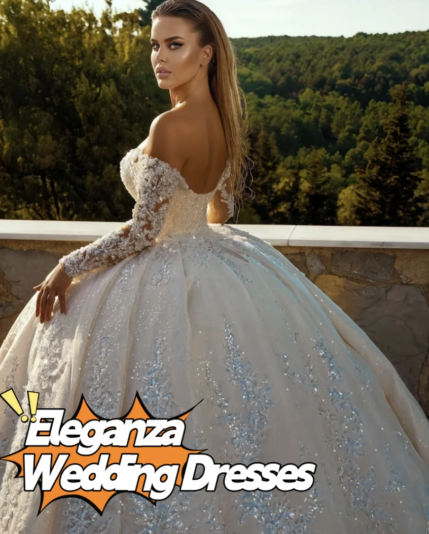 맞춤형 v 넥 웨딩 드레스 오프 숄더 긴 소매 반짝 이는 아플리케 스팽글 레이스 드레스 vestidos de novia