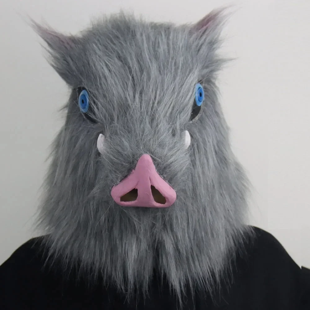 Anime Dämon Hashibira Maske Cosplay Inosuke Latex Wildschwein Masken mit Pelz Helm Halloween Kostüm Party Karneval Requisiten