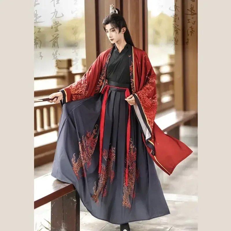 Costume Hanfu chinois pour hommes, Halloween, carnaval, cosplay, tenue de fête, robe imprimée Prairie, rouge et noir, grande taille, 3XL