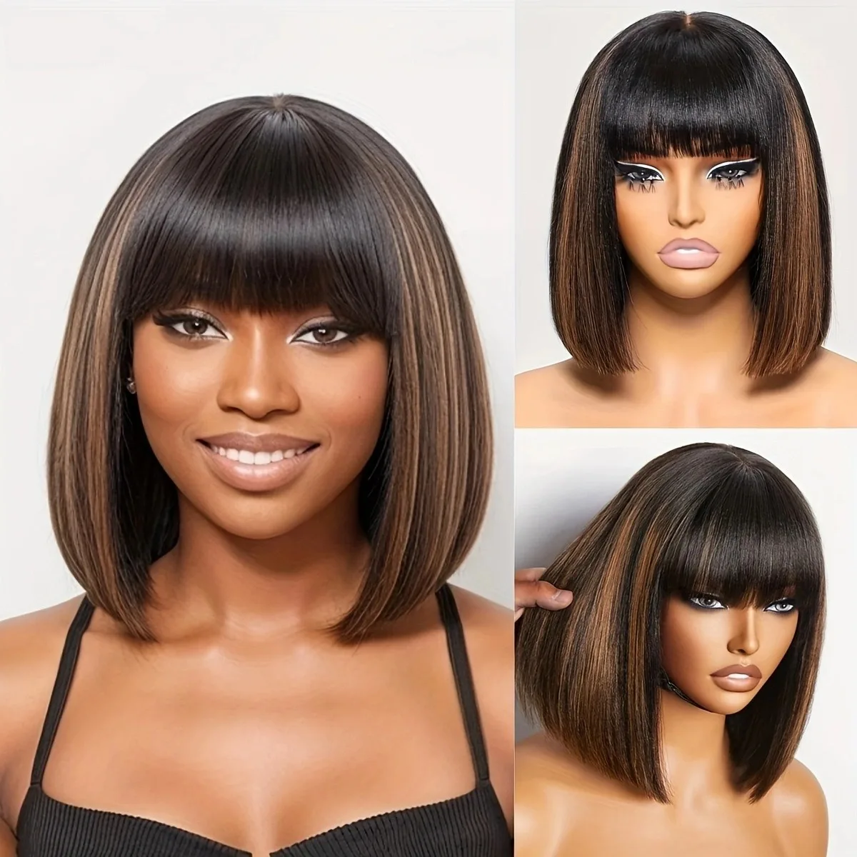 

High Quality Synthetic Heat Resistant Wig Women Chestnut Brown Blunt Bangs Layered Bob Wig Gradual Color Hairstyle