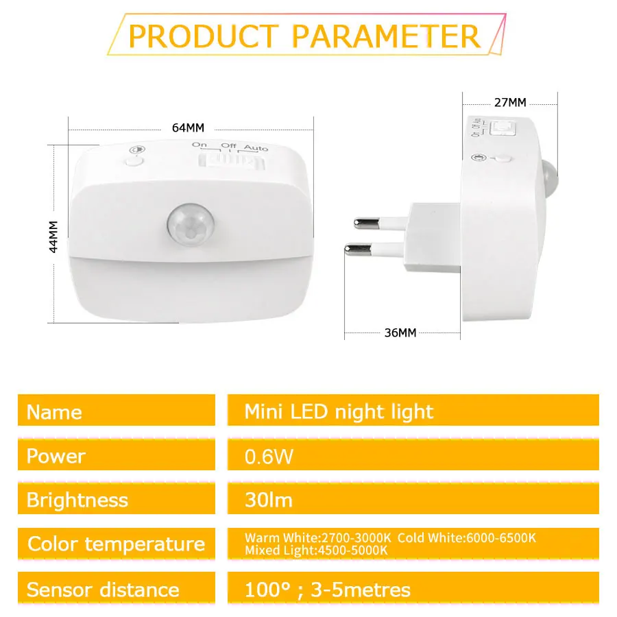 Veilleuse LED avec détecteur de mouvement, prise UE, décoration de chambre d\'enfant, couloir, escaliers, WC, lampe de chevet, 220V