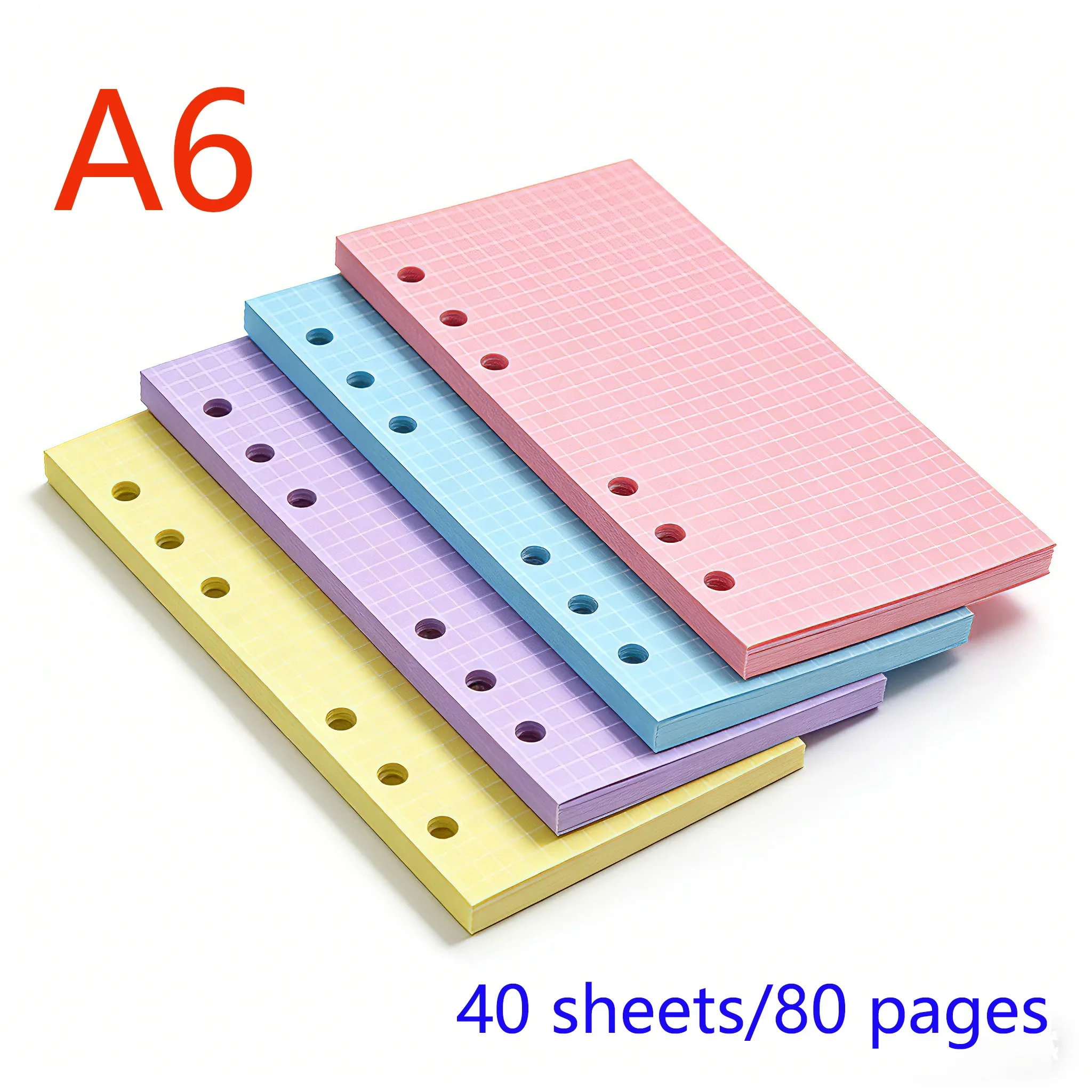 A6 6-Hole Pastel Color Loose Leaf Refill Paper 40 Sheets, 4 Macaron Grid Insert Pages Replacement Inner Paper for Notebook