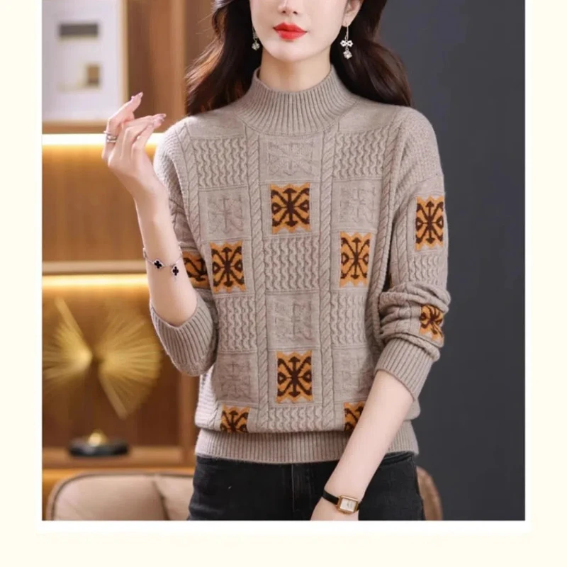 

Женская одежда, осенне-зимний пуловер, свитер с длинными рукавами и завинчивающейся резьбой, вязаный свитер с круглым вырезом и растениями, шикарные универсальные топы