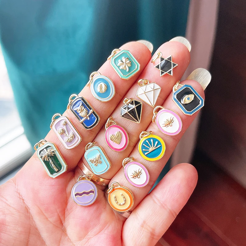 Trendy Colorful Enamel Geometry Charm Pendant,Real 18k Gold Plated Zircon Necklace Bracelet Jewelry Findings Supplies S43