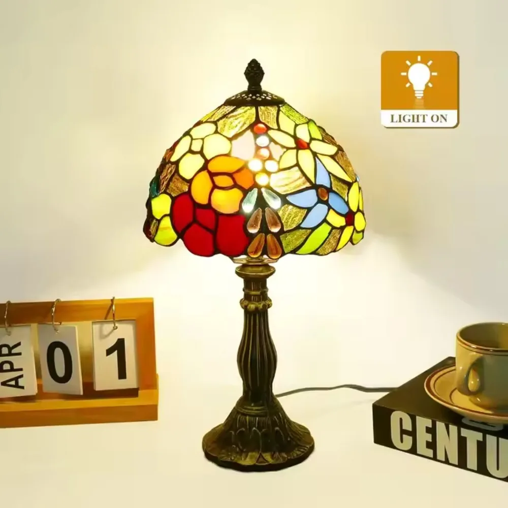 Vintage petit vitrail Tiffany fleurs multicolores lampe de Table de bureau florale pour salon, chevet, lecture