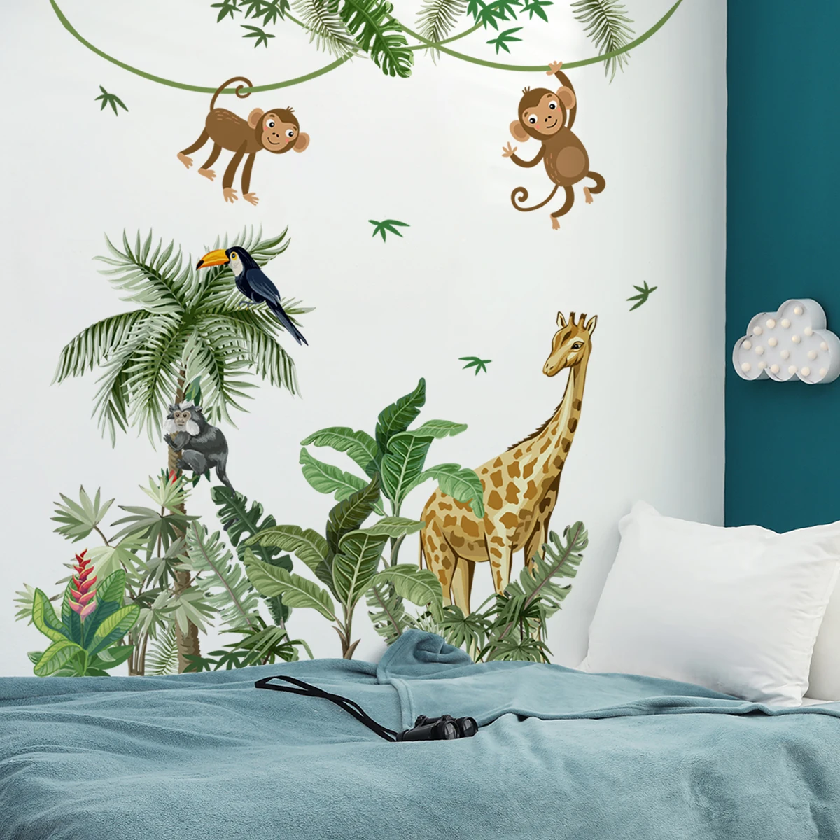 Large Size Jungle Animal Plam Wall Decor Sticker For Kids Room Bedroom Self-adhehesive Wallpaper Mural Giraff Zebra Monkey Decal