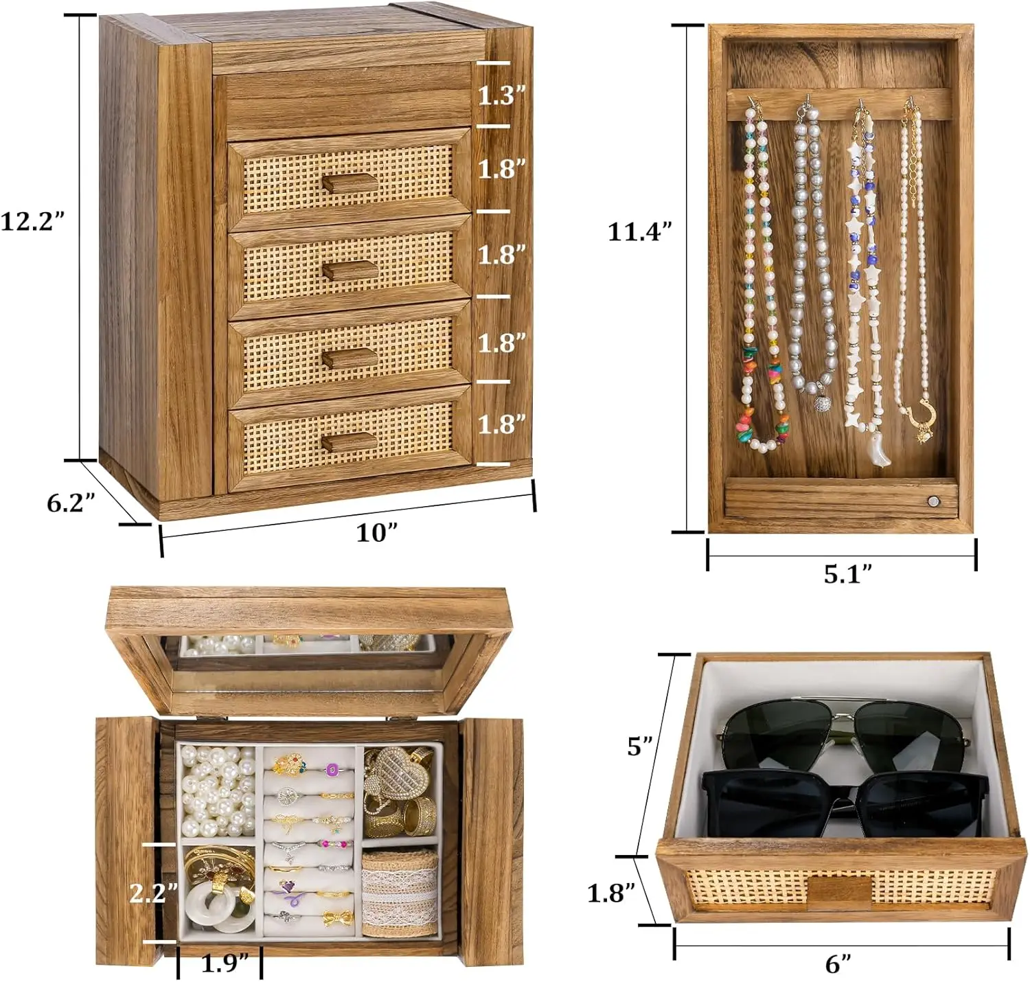 5-Layer Rattan Jewelry Box with Mirror & 4 Drawers, Wooden Organizer for Rings Earrings Necklaces Bracelets