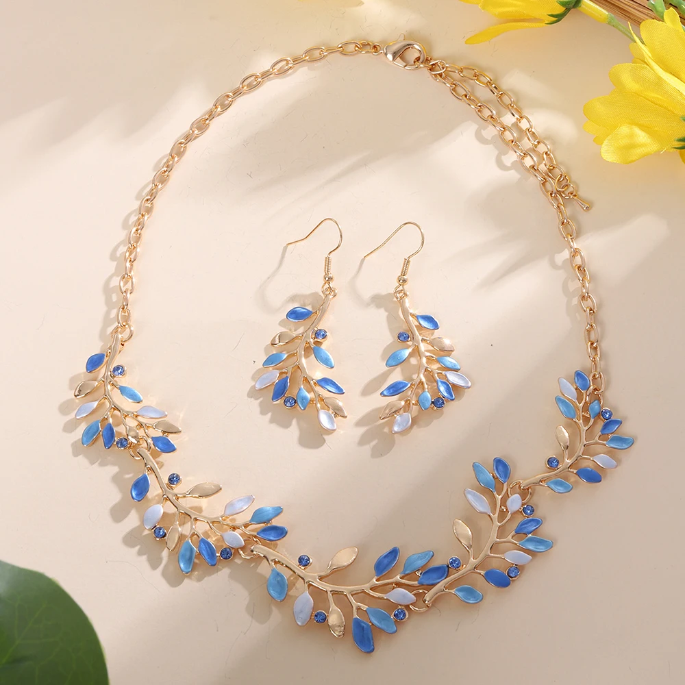 Fashion Drip Oil Leaf Necklace and Earrings Set for Women Accessories Trendy Gold Color Jewelry Sets Vacation Party Prom Gift