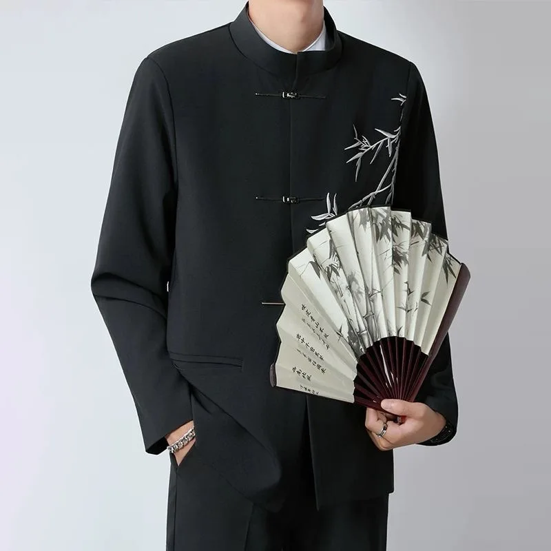 New Chinese Style Men's Bamboo Suit Jacket Stand Collar Wedding Graduation Performance Outfit Fashion Urban Polyester Fiber