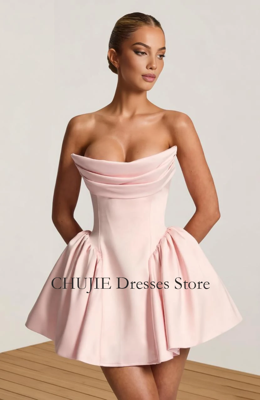 Strapless Homecoming Dresses Girl's Cocktail Dress With Bow Satin A Line Wedding Evening Gown Vestido De Graduación Customized image 4
