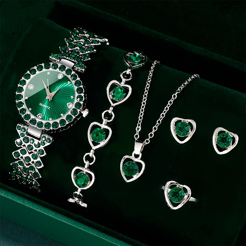 Women Fashion Watches Heart Rhinestone Ring Necklace Earring Jewelry Set Luxury Dress Quartz WristWatch Simple Elegant Watch Gif