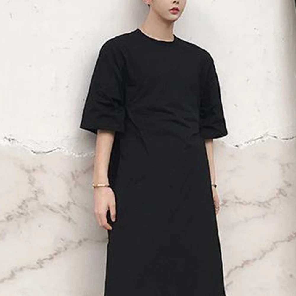 Mens Dark Side Slit Plain Mid Length T Shirt Streetwear Fashion Nightclub Niche Casual Short Sleeve Top Men'S Clothing 2026 New