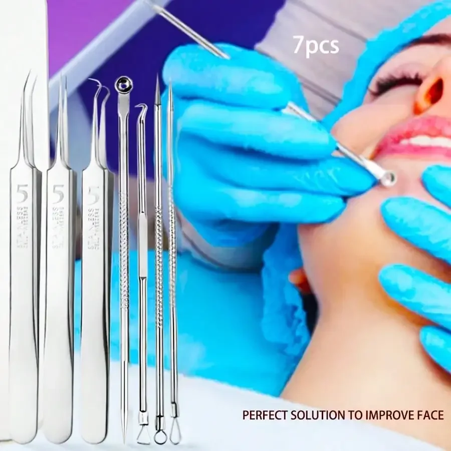 

7pcs Acne Needle Kit Portable With Storage Box, Fashionable Professional High Precision Stainless Steel Acne Needle Set, Recommended By Beauty Salon Professionals, Suitable For Oily/Dry/Sensitive Skin, Dual-Head Acne Needle With Fine Needle + Pressure Rin