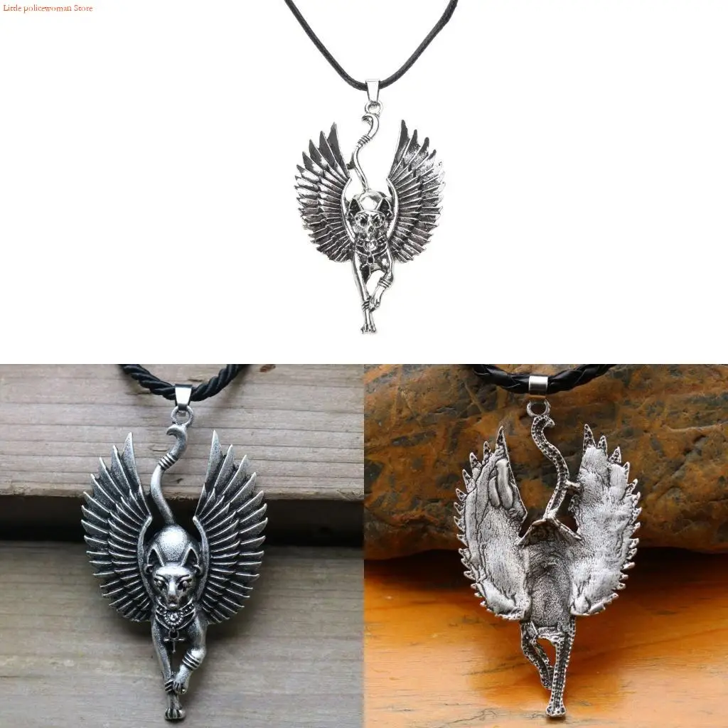 F92D Silver Ancient Egypt Bastet Statue for Cat Pendant Necklace Braided Leather Wax Cord Necklace Jewelry for Men Women