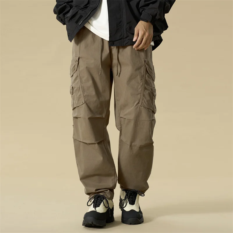الخريف الشتاء هونغ كونغ نمط الرجال سراويل تقليدية فضفاضة واسعة الساق القطن مستقيم الساق مرونة الخصر المألوف في سن المراهقة الحجم #1