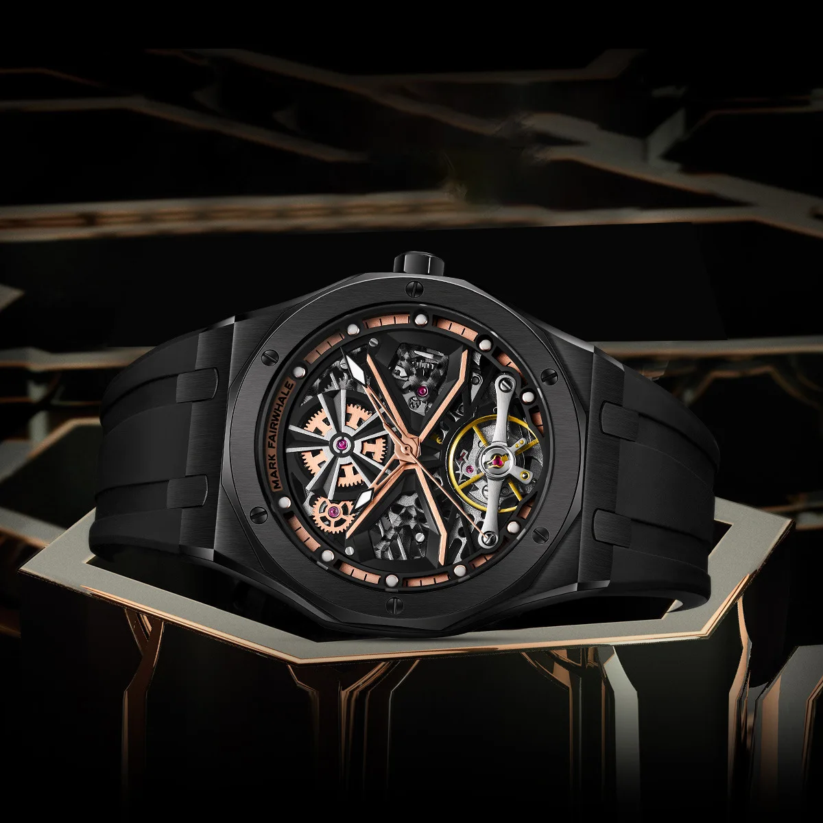 Mark Fairwhal Fashion Tourbillon Watch Men's Silicone Strap Luxury Hollow Luminous Fully Automatic Mechanical Watches reloj