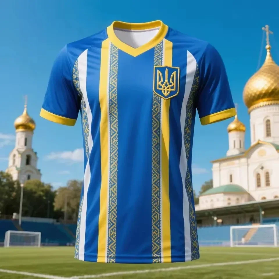 Fußballtrikots mit dem ukrainischen Dreizack-Logo im blau-gelben Flaggen-Design für die ganze Familie. – Detail 7