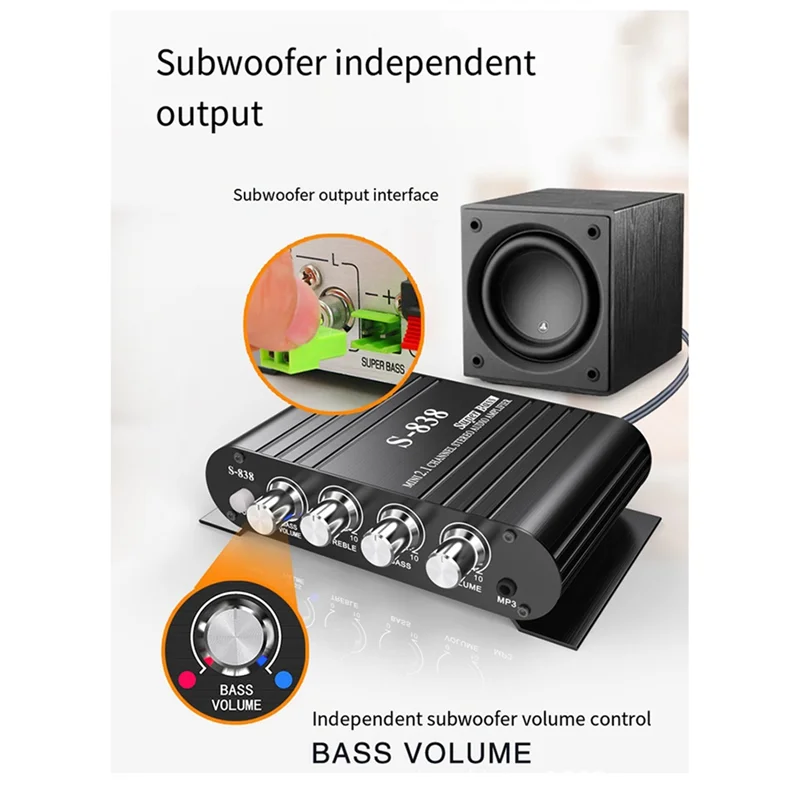 APPLIA-Auto-Partner S-838 2.1CH Audio Power Amplifier, RMS 30WX2+40WX1 Class D Stereo Digital Audio Amp With Subwoofer Output