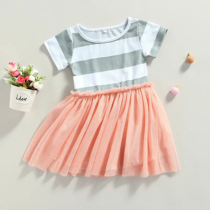 Little Girls Princess Dress Summer Clothes Striped Short Sleeve Mesh Multi-Layer Ruffle Party Tutu Dress Clothing for Girls