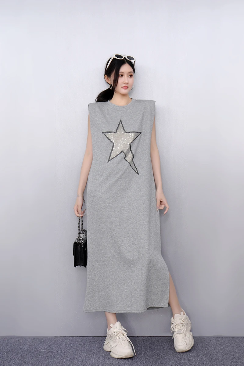 2025 ฤดูใบไม้ผลิฤดูร้อนแฟชั่นElegantพิมพ์หลวมยาวเสื้อยืดผู้หญิงแขนกุดสุภาพสตรีJ1078