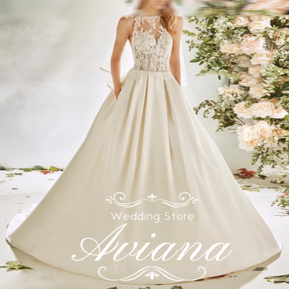 

Aviana Customized Sleeveless Sweep Train Floor Length Applique Pleats Ruching Buttons Fairy Garden Wedding Dress Charming Satin