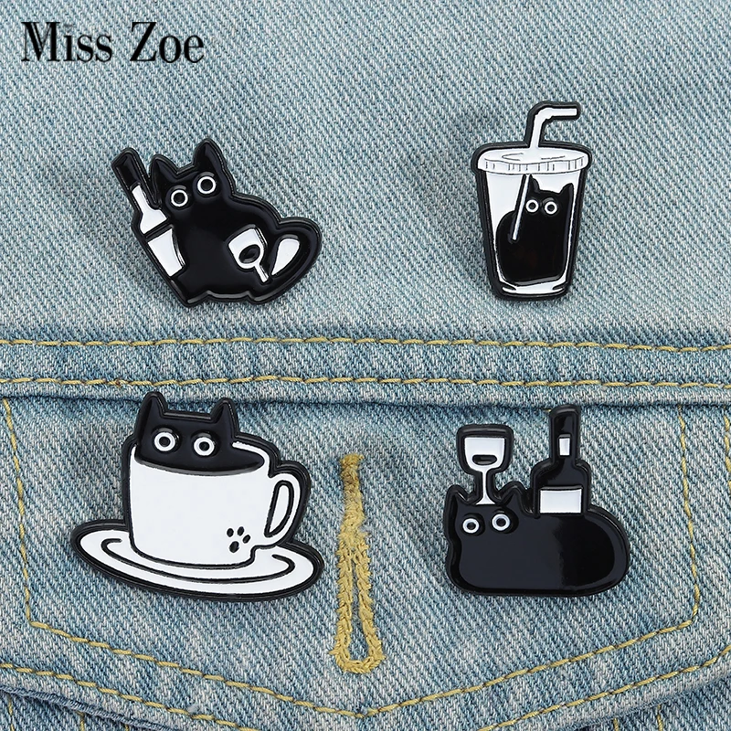 

Black Cat Coffee Enamel Pins Custom Cat Red Wine Milk Tea Brooches Lapel Badges Clothes Animal Jewelry Gift for Kids Friends