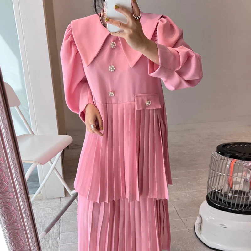 Vestido Longo Psado Chic e Jovial para Mulheres, Estilo Coreano, Manga Bufante, Deco com Botões Florais, Saia de Dupla...