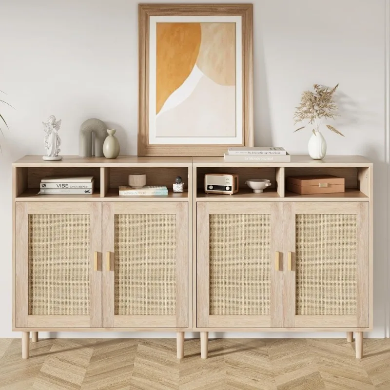 

2PCS Rattan Sideboard Buffet Cabinet – 2-Door Kitchen Storage with Adjustable Shelf, Modern Farmhouse TV Stand & Coffee Bar for