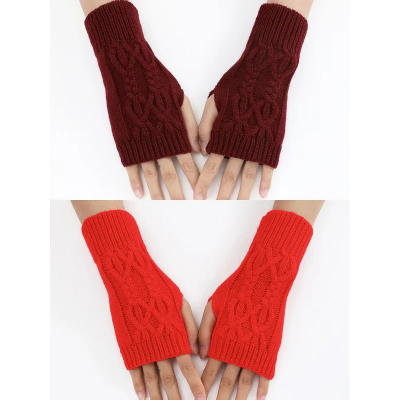 Wholesale 5pcs Set Winter Warm Knitted Fingerless Gloves Cable Red  Knit Outdoor Hiking Half Finger Arm Warmers For Women
