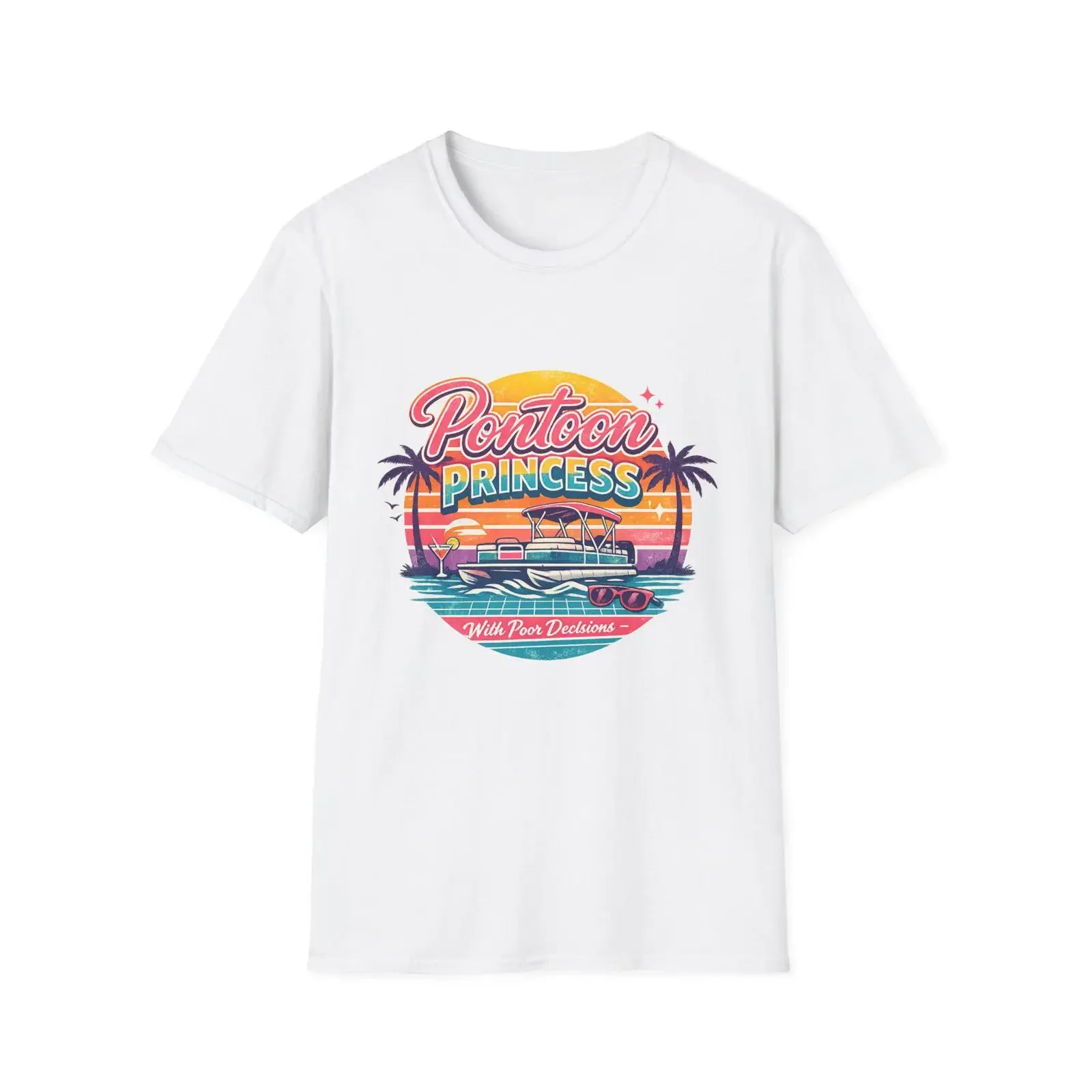 Pontoon Princess T Shirt Retro Sunset Boat Palm Trees vintage Washed Slightly Stylish Stretched Top For Everyday Wear graphic