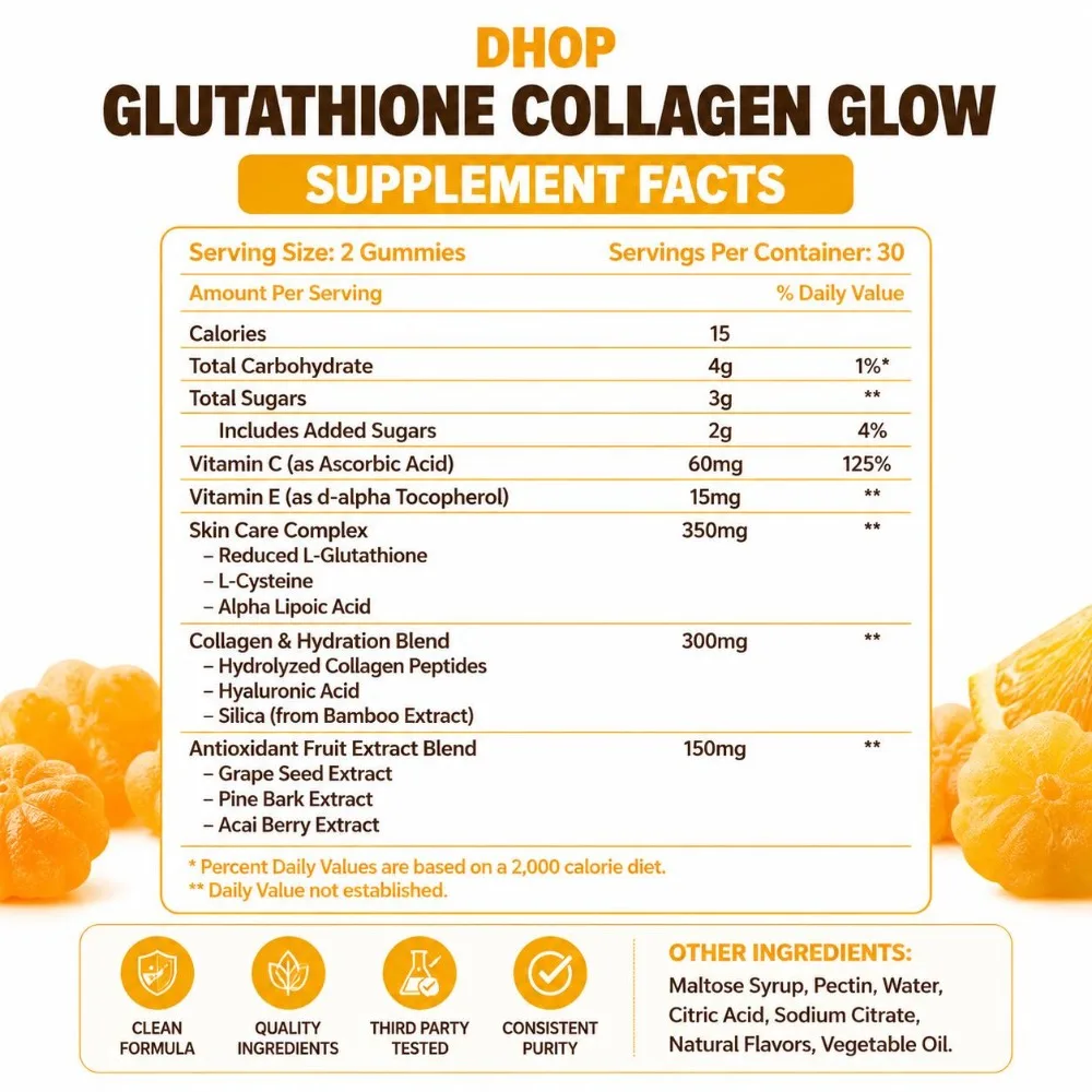 DHOP Glutathione Collagen Gummies Vitamin C Grape Seed Pine Bark Acai Skin Brightening Antioxidant Vegan Non-GMO 60 Gummies