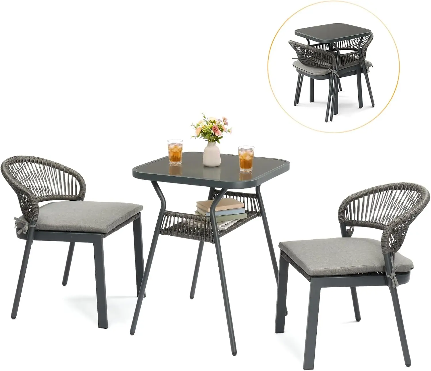 3 Piece Bistro Set Outdoor with Storage, All Weather Patio Furniture Set, Wicker Chairs Stackable with Table for Balcony,Backyard, Garden, Brown, Poolside, Deck (Gray)