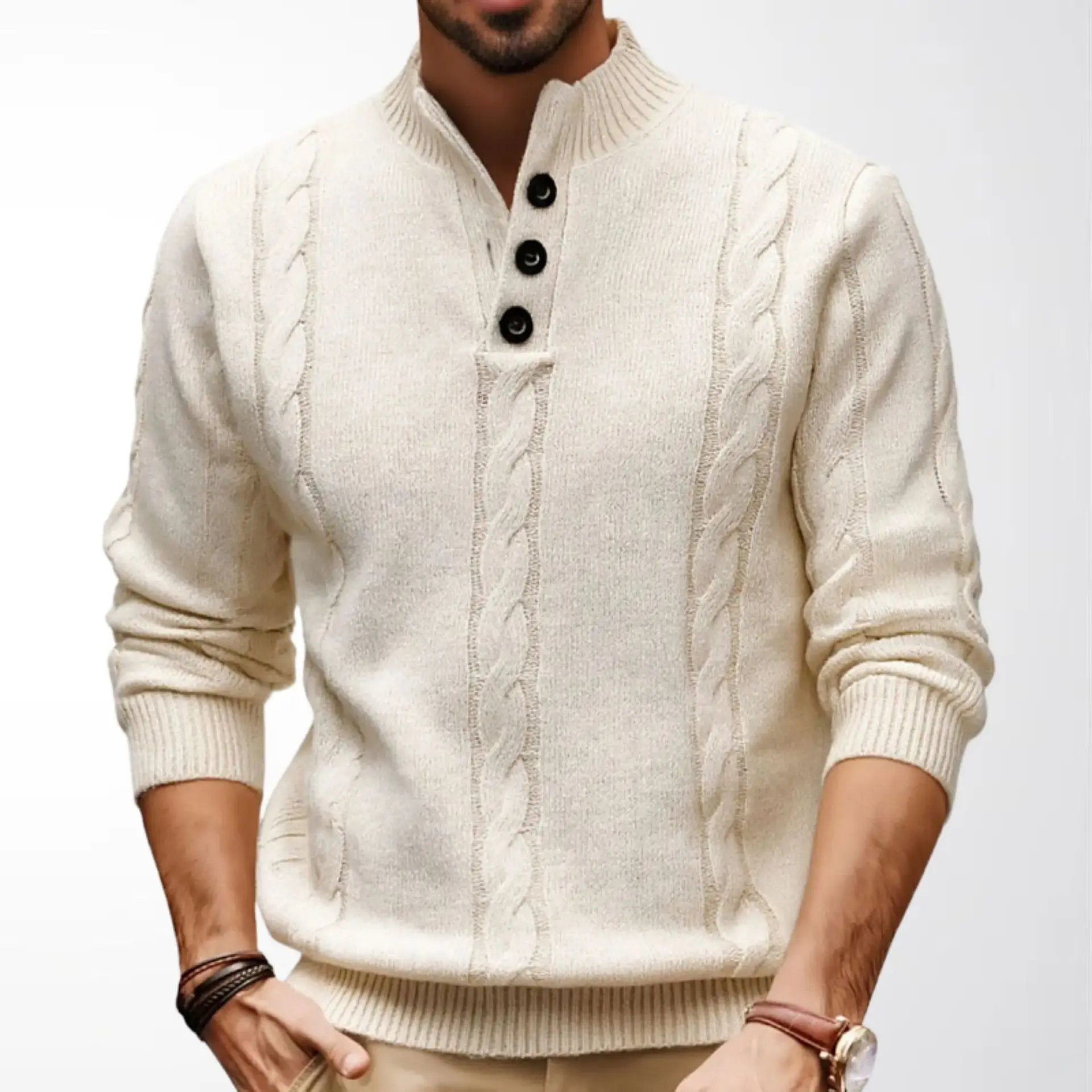 Fashion men's spring and autumn Fried Dough Twists knitwear half high collar button sweater Europe and America warm sweater