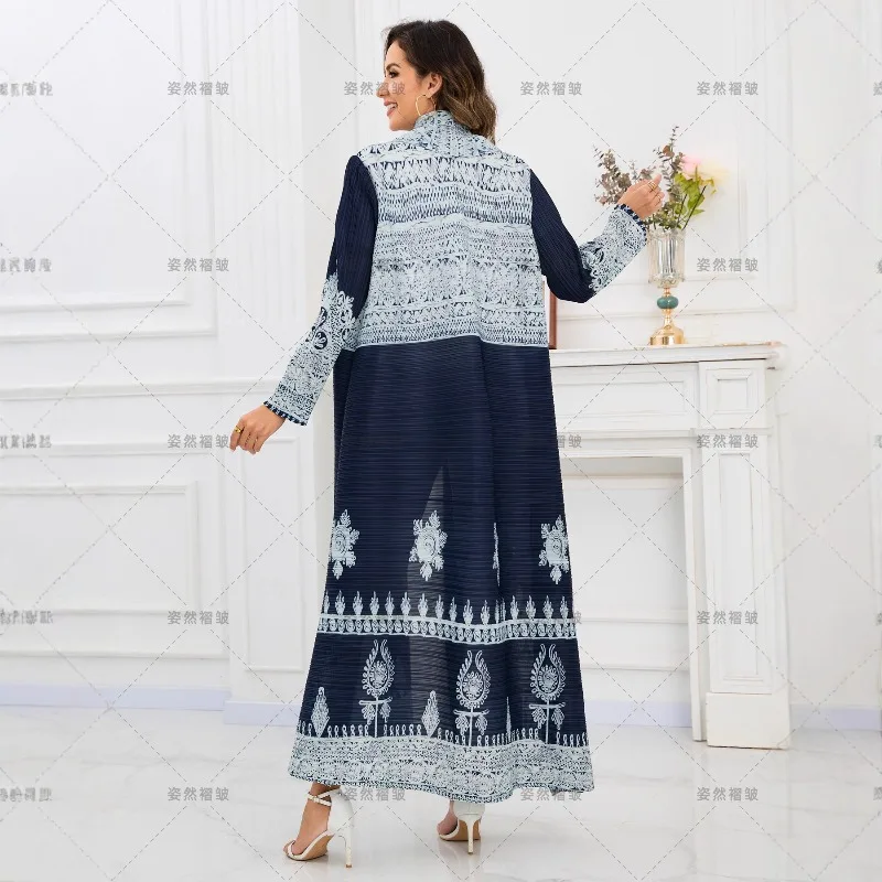 아바야 미야케 플리츠 롱 트렌치 코트 2025 가을 신상품 사우디아라비아 패션 플리츠 프린트 가디건 재킷 여성 의류