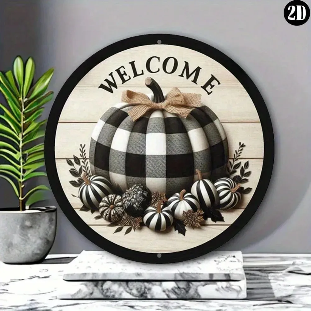 1pc 8-Inch Round Metal Welcome Tin Metal Signs Home Décor Buffalo Plaid Pumpkin