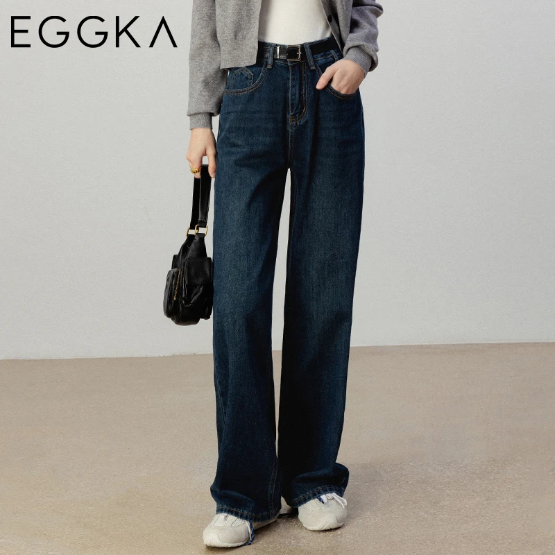 Eggka Blue Straight Jeans Women\'s 2024 Autumn Simple Slim Versatile Jeans High Waist Office Lady Trousers Female Casual Pants