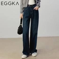 Eggka Blue Straight Jeans Women's 2024 Autumn Simple Slim Versatile Jeans High Waist Office Lady Trousers Female Casual Pants