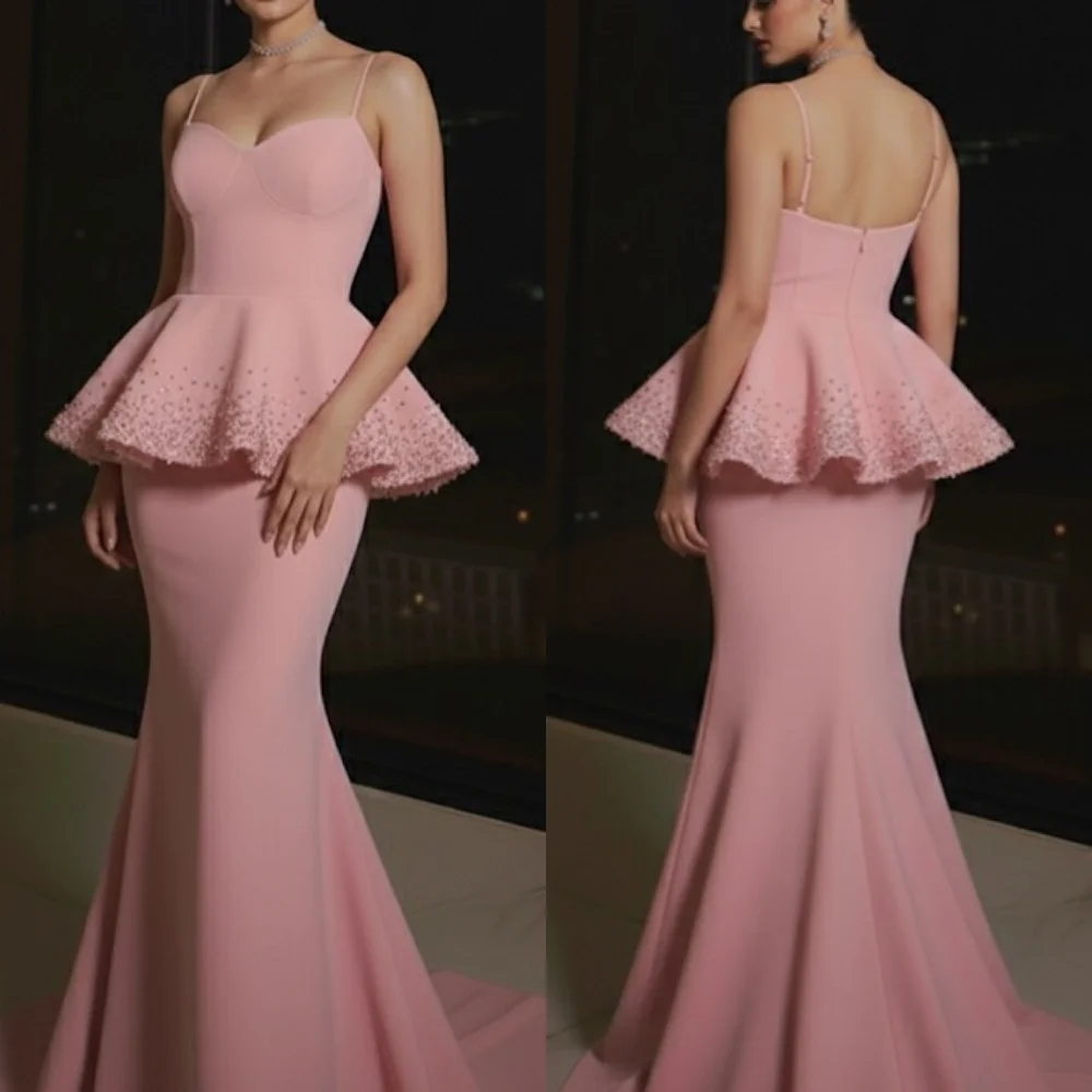 Personalizado de alta calidad elegante Jersey rebordear sirena acanalada correa de espagueti vestidos largos vestidos de noche tamaños disponibles Retro