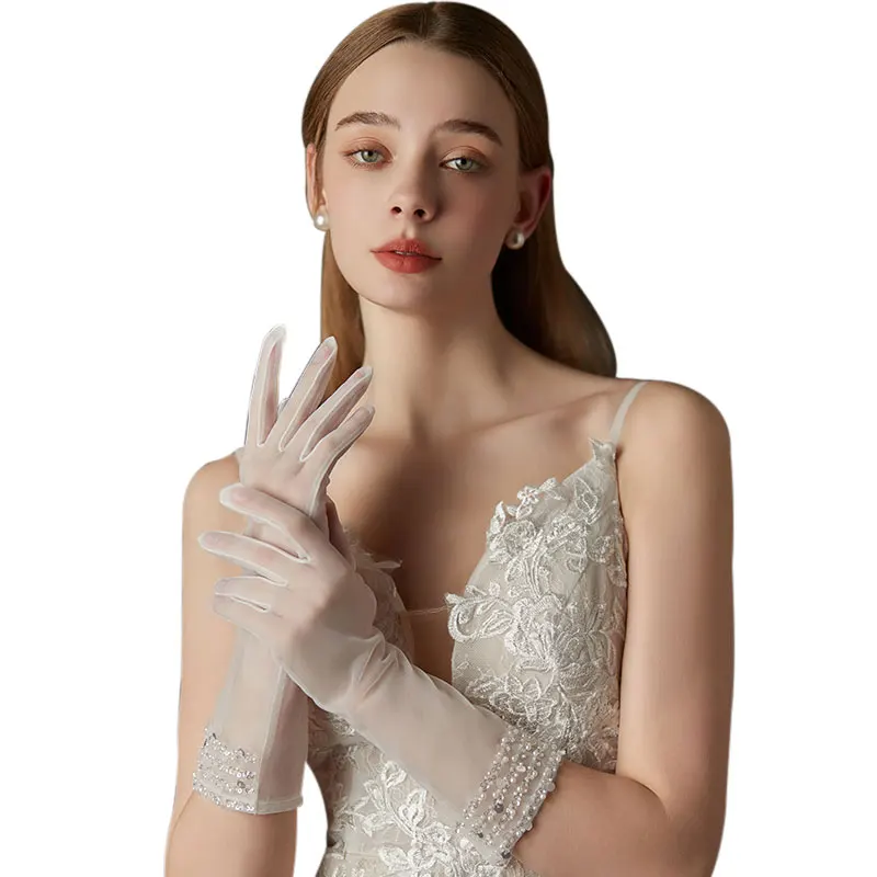 WG122 Elegant Sequined Pearls Beading Elbow Gloves Plain Tulle Finger Wedding Pageant Prom Women Gloves