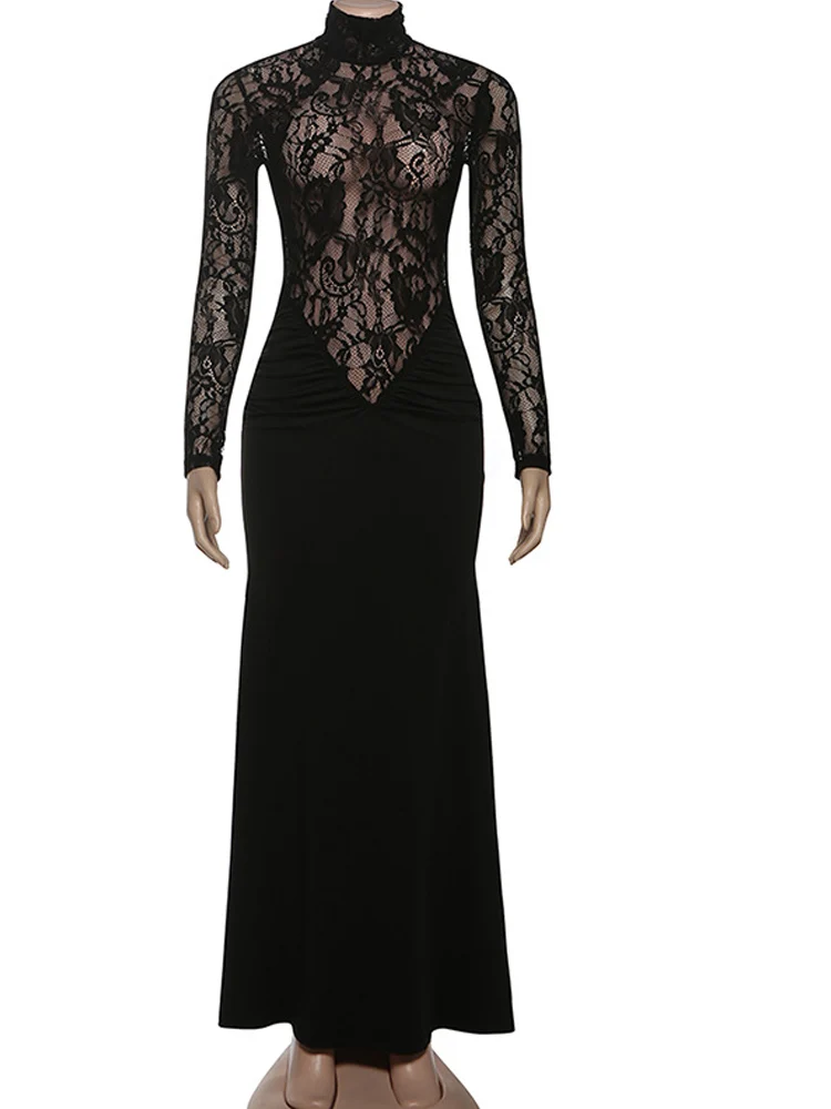 Kricesseen Sexy noir dentelle pure Patchwork à manches longues robe Maxi femmes col haut formel fête boîte de nuit porter moulante