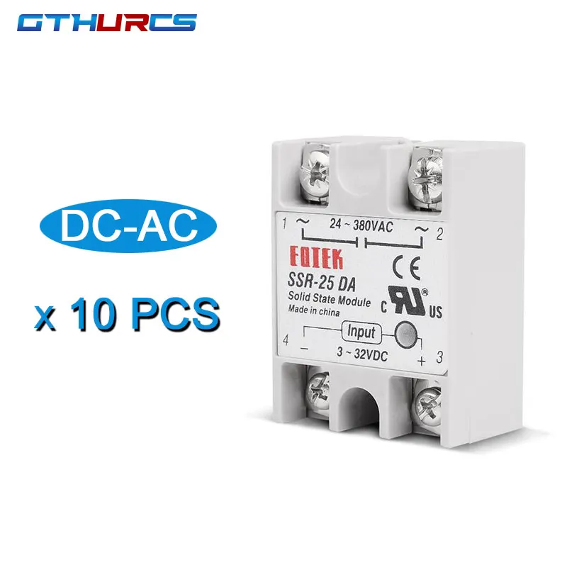 

10PCS SSR-10DA 25DA 40DA Single Phase Solid State Relay 10A 25A 40A Module 3-32V DC Input 24-380V AC Output