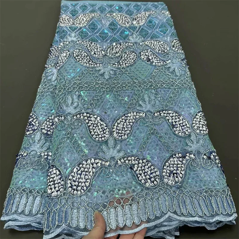 African Lace 2024 French Cloth Fabrics Embroidery Sequins For Women Tulle Green Beaded Fashion Mesh Fabric 5Yards Sewing Meters