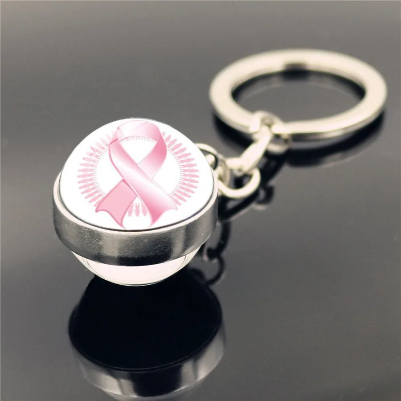 1 Pcs Pink Ribbon Breast Cancer Keychains Pendant Breast Cancer Awareness Charms Double Sided Glass Ball Pendant Metal Keyrings