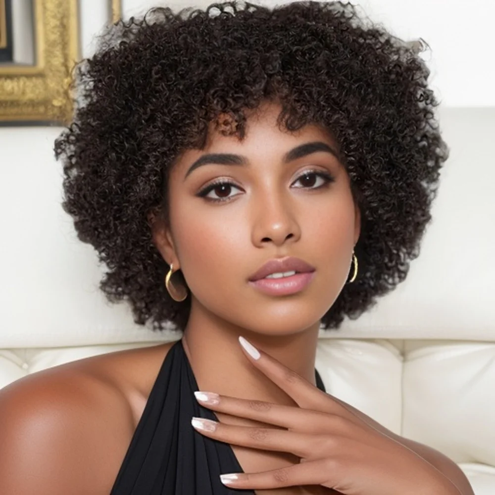 

Afro Kinky Curly African Fluffy Human Hair Wigs Pixie Cut Nature Black Short Machine Made Remy Human Hair Wigs