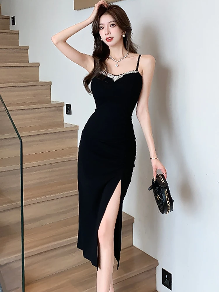 Women Black Elegant Diamonds Square Collar Sling Long Dress 2026 Korean Vintage Luxury Evening Dress Summer Bodycon Party Dress