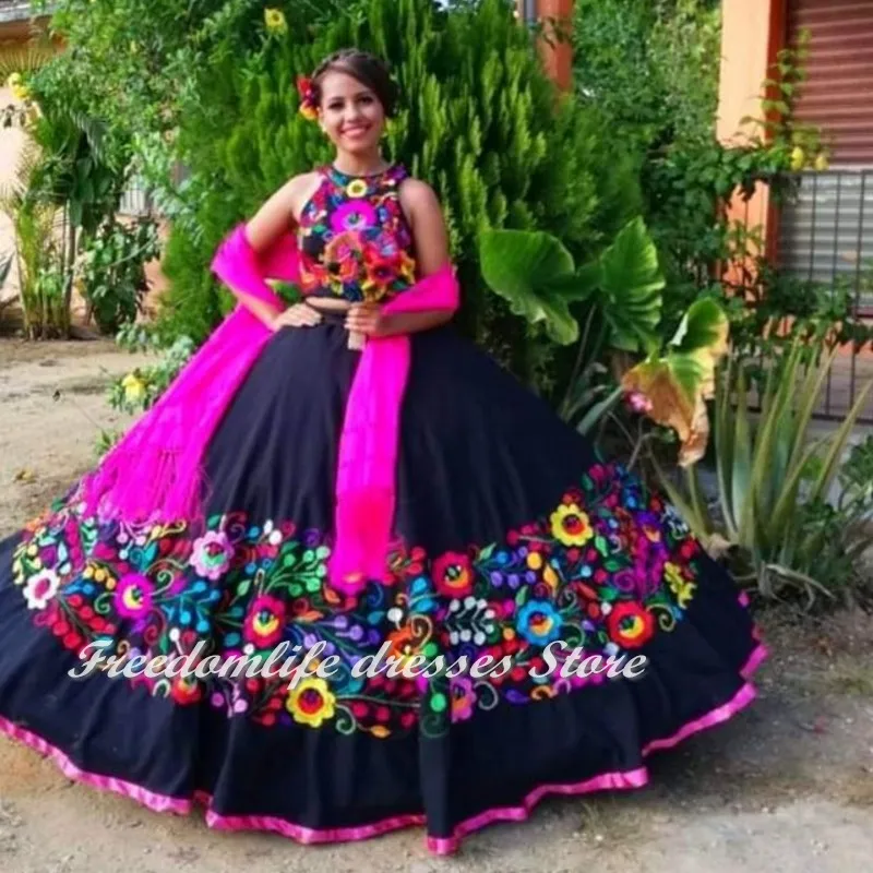 Charro vestido de 15 anos Two Pieces Quinceanera Dresses Wrap Embroidery Off Shoulder Customized Sweet 16 Quince XV Prom Gowns