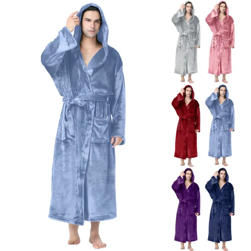 Comfortable Mens Bathrobe Hooded Plush Sleepwear Soft Fleece Loungewear Casual Nightrobe Housecoat For Men Plus Size Robe